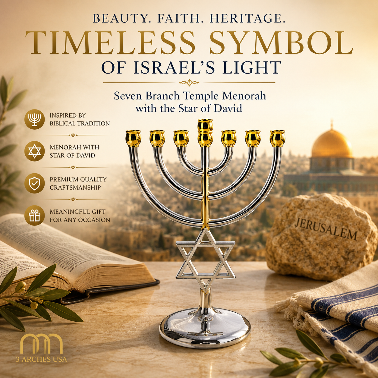 Star of David Seven Branch Temple Menorah – Gold, Silver or Two-Tone Judaica Menorah with Magen David, 7" Biblical Home Décor - Image 3