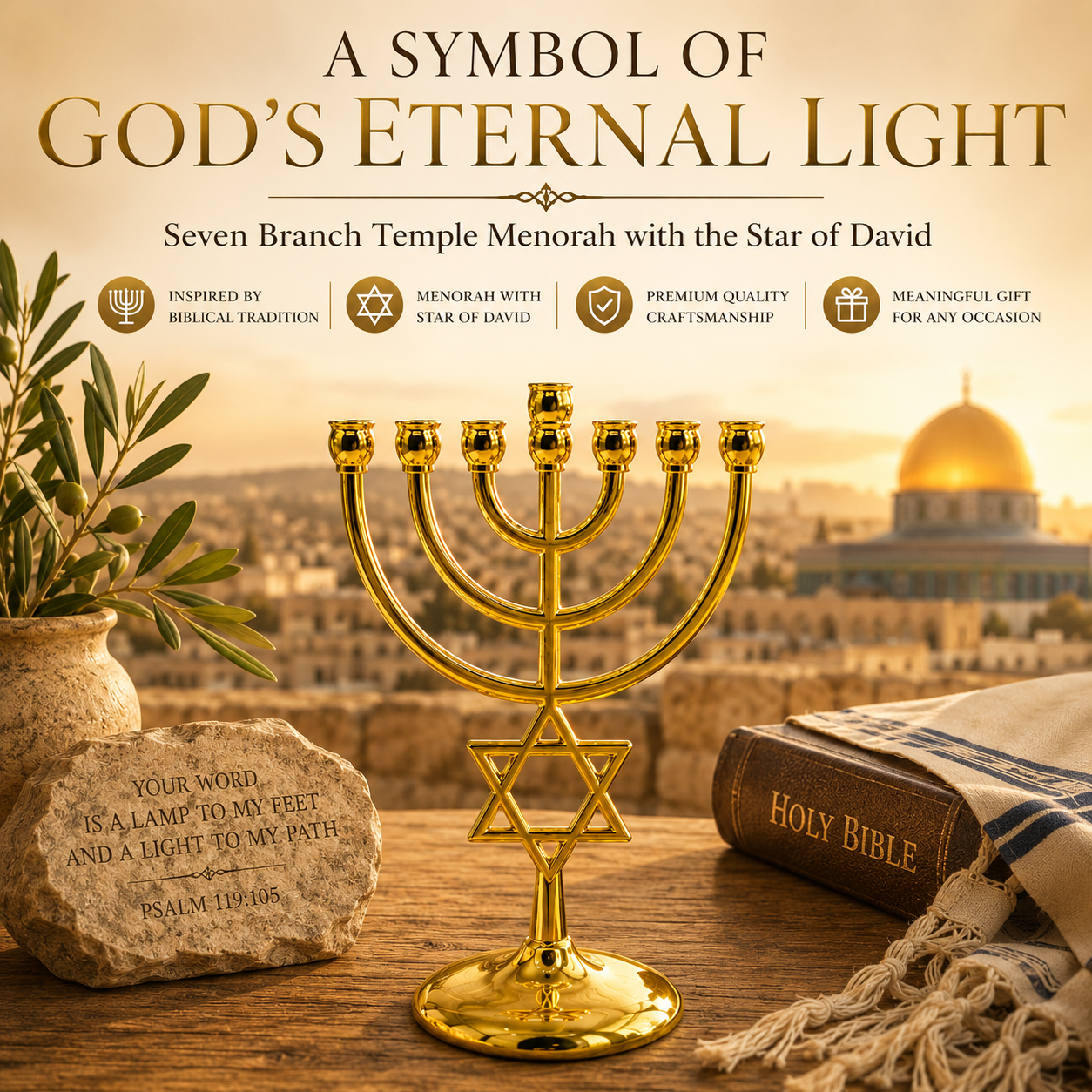 Star of David Seven Branch Temple Menorah – Gold, Silver or Two-Tone Judaica Menorah with Magen David, 7" Biblical Home Décor - Image 4