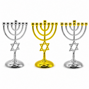 Seven Branch Temple Menorah featuring an integrated Star of David, available in gold plated, silver plated, and gold-silver two-tone finishes, standing 7 inches tall for Judaica home décor and biblical displays.