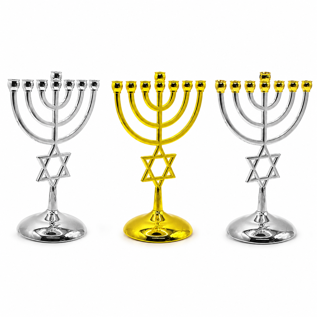 Seven Branch Temple Menorah featuring an integrated Star of David, available in gold plated, silver plated, and gold-silver two-tone finishes, standing 7 inches tall for Judaica home décor and biblical displays.