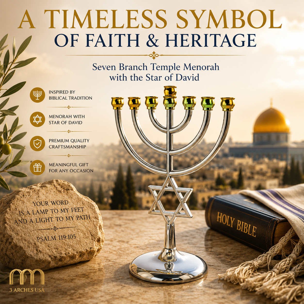 Star of David Seven Branch Temple Menorah – Gold, Silver or Two-Tone Judaica Menorah with Magen David, 7" Biblical Home Décor - Image 5