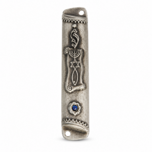 Antique silver-plated Messianic Seal Mezuzah featuring the Hebrew Shin symbol representing Shaddai, a decorative blue stone, and an included Hebrew parchment scroll for traditional Jewish doorway blessings.