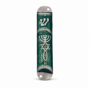 Green enamel Messianic Seal Mezuzah with silver-plated finish, Hebrew Shin symbol representing Shaddai, included Hebrew Scripture parchment, and traditional Judaica design for Jewish doorway blessings.