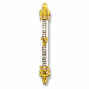 Gold Crown Mezuzah featuring 96 inset cubic zirconia stones, gold-plated crowns, a clear glass cylinder with a visible Hebrew parchment scroll, and a gold Hebrew Shin symbol representing Shaddai, measuring 5 inches.