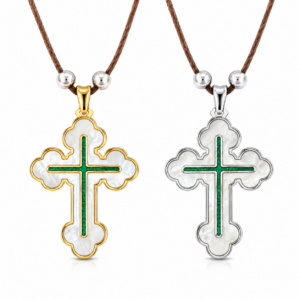 Mother of Pearl Cross Pendant available in gold and silver plated finishes with genuine Mother of Pearl and 18-inch leather rope.