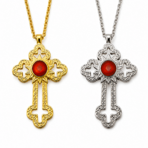 Nativity Stone Cross Necklace featuring genuine Bethlehem Nativity Stone, filigree cross design, 14-point star detail, and 20-inch chain in gold and silver plated finishes