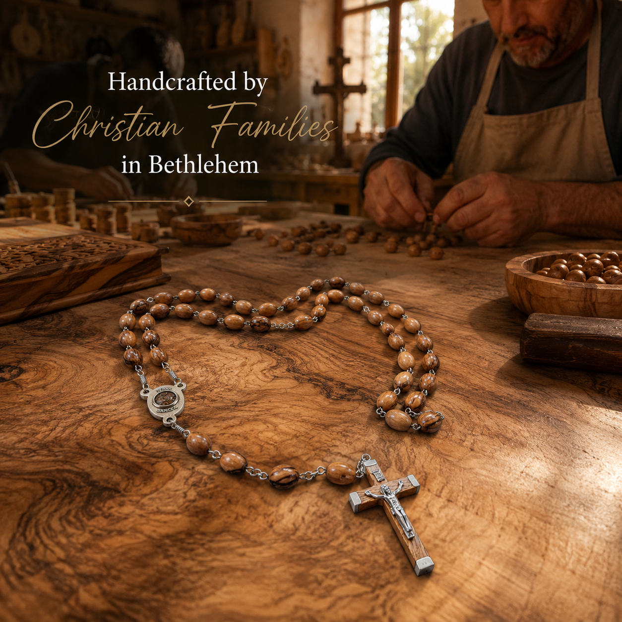 3 Arches USA Authentic Olive Wood Rosary with Crucifix & Jerusalem Soil – Handcrafted in Bethlehem - Image 3