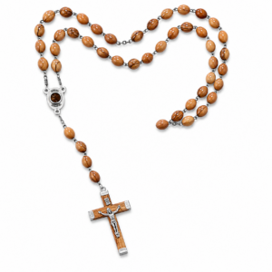 Handcrafted olive wood rosary with crucifix and authentic Jerusalem soil made by Christian families in Bethlehem, Holy Land.
