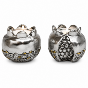 Set of two Jerusalem Pomegranate Candle Holders featuring detailed Holy City scenes, silver and gold-plated finish, and decorative Shabbat candlestick design.