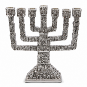 Silver-plated Jerusalem Seven Branch Temple Menorah crafted from resin featuring detailed Holy City Jerusalem scenes, measuring 11 inches tall by 10 inches wide for Judaica home décor and biblical displays.