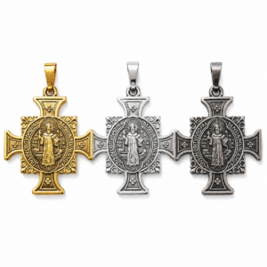 Saint Benedict Cross Pendant Necklace available in gold, silver and pewter finishes with detailed Catholic medal design