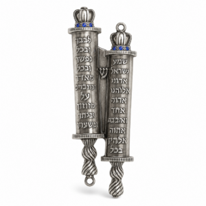 Pewter Shema Mezuzah shaped like an open Torah scroll featuring the complete Shema prayer in Hebrew, Shaddai inscription, and an included mezuzah parchment scroll, measuring 4.5 inches for traditional Jewish doorway blessings.