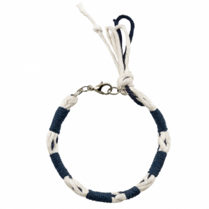 Adjustable Jewish Tzitzit Shema Bracelet featuring Blue Techelet thread, traditional 13-11-8-7 winding pattern, inspired by Deuteronomy 6:4 and Numbers 15:38 with an adjustable 7 to 9 inch fit.