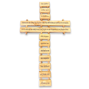 Handcrafted Olive Wood Cross from Bethlehem engraved with the Lord's Prayer in English or Spanish, available in 19 x 11 inch and 9 x 5.5 inch sizes for Christian home décor and prayer.
