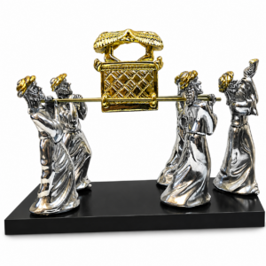 Large Ark of the Covenant Statue featuring gold plated Ark carried by silver plated Levite priests on a wooden base, measuring 12.5 x 6 x 9 inches, a detailed biblical replica for Christian home décor and churches.