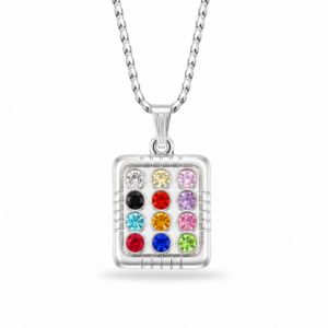 Silver-plated 12 Tribes of Israel Breastplate Necklace featuring twelve multi-colored faceted cubic zirconia stones with matching chain, available in large and small sizes for Christian and Messianic jewelry.