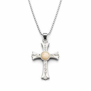 Silver Plated Calvary Cross Necklace featuring a Holy Land stone from Jerusalem with an 18-inch chain, gift box, and velvet pouch.