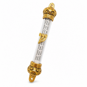 Gold Crown Clear Cylinder Mezuzah featuring a visible Hebrew parchment scroll, gold-plated crown finials, and a gold Hebrew Shin symbol representing Shaddai, designed as a traditional Jewish doorway blessing.