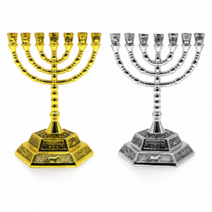Seven Branch Temple Menorah featuring the emblems of the Twelve Tribes of Israel, Holy Land and Yerushalayim inscriptions on the base, available in gold plated and silver plated finishes with four size options for Judaica home décor.