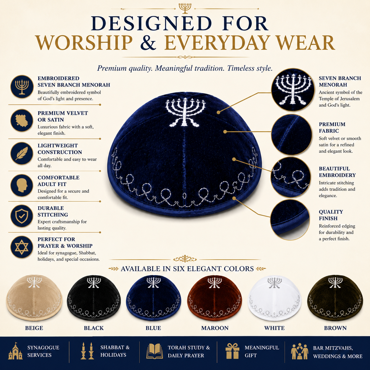 Menorah Kippah – Velvet or Satin Yarmulke with Seven Branch Menorah, Available in 6 Colors, Traditional Jewish Skullcap - Image 3