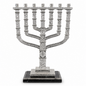 Silver-plated Jerusalem Knesset Seven Branch Menorah crafted from resin on a marble base, inspired by the famous Temple Menorah located opposite Israel's Knesset in Jerusalem, measuring 13 inches tall and 9 inches wide.