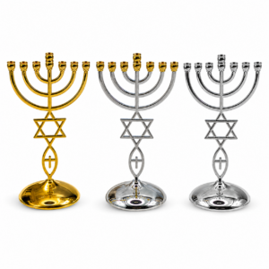 Nine-inch Messianic Seven Branch Temple Menorah featuring the historic Messianic Seal combining the Menorah, Star of David, and Fish symbol, available in gold plated, silver plated, and gold-silver two-tone finishes for biblical home décor and Judaica collections.