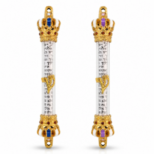 Royal Crown Mezuzah – Clear Cylinder with Hebrew Scripture Parchment, Gold-Plated Crowns, Blue or Purple Enamel & Shin, 5.5"