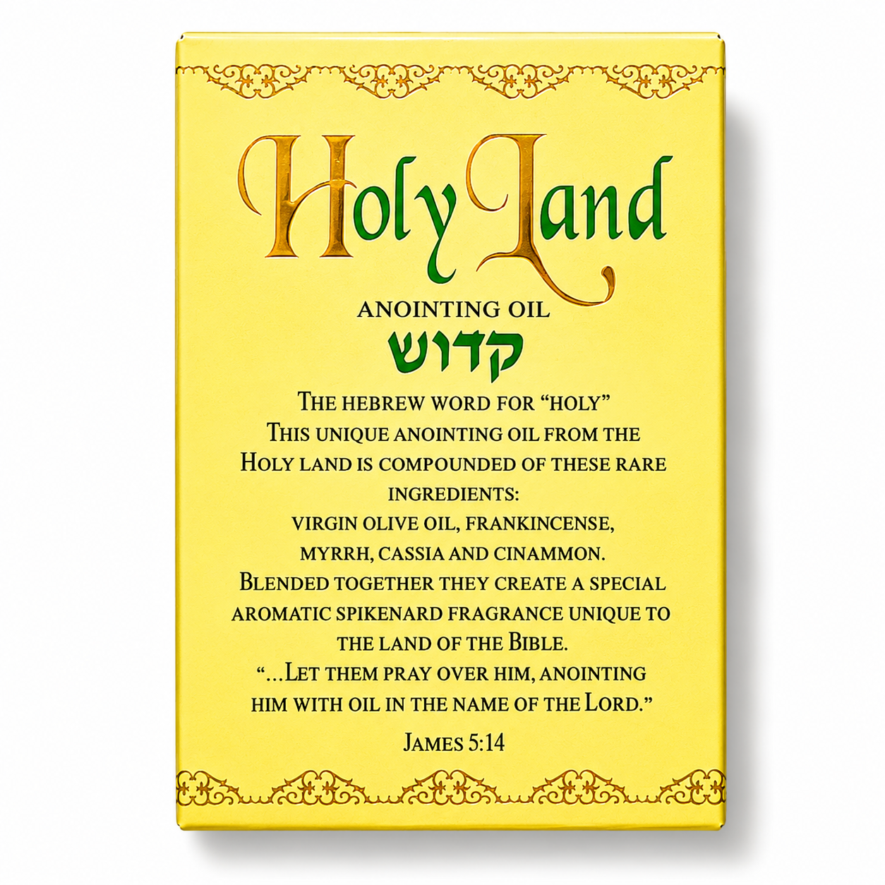 Back of TBN Holy Land anointing oil box showing biblical ingredients including olive oil, frankincense, myrrh, cassia, and cinnamon.
