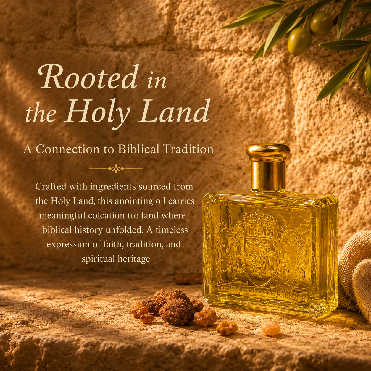 Frankincense and myrrh anointing oil displayed in a Holy Land-inspired setting with olive branches and resin, symbolizing biblical faith and spiritual heritage.