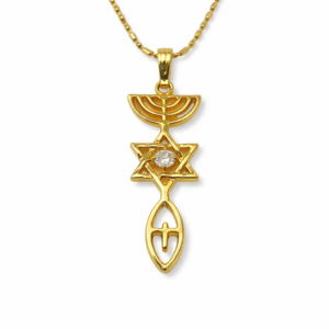 Gold plated Messianic Seal necklace featuring a Star of David pendant with sparkling cubic zirconia stones, presented with a premium gift pouch for Christian and Messianic jewelry.