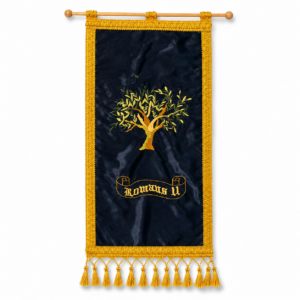 Romans 11 Olive Tree Wall Banner embroidered on navy blue silk featuring a gold olive tree design, decorative gold trim, tassels, and a wooden hanging rod measuring 12 x 19 inches for Christian home décor.