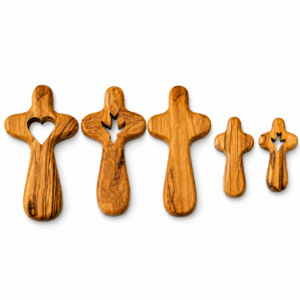 Handcrafted Olive Wood Comfort Cross made from genuine Bethlehem olive wood, available in plain, dove, and heart designs in 2-inch and 4-inch sizes for prayer, devotion, and Christian gifts.