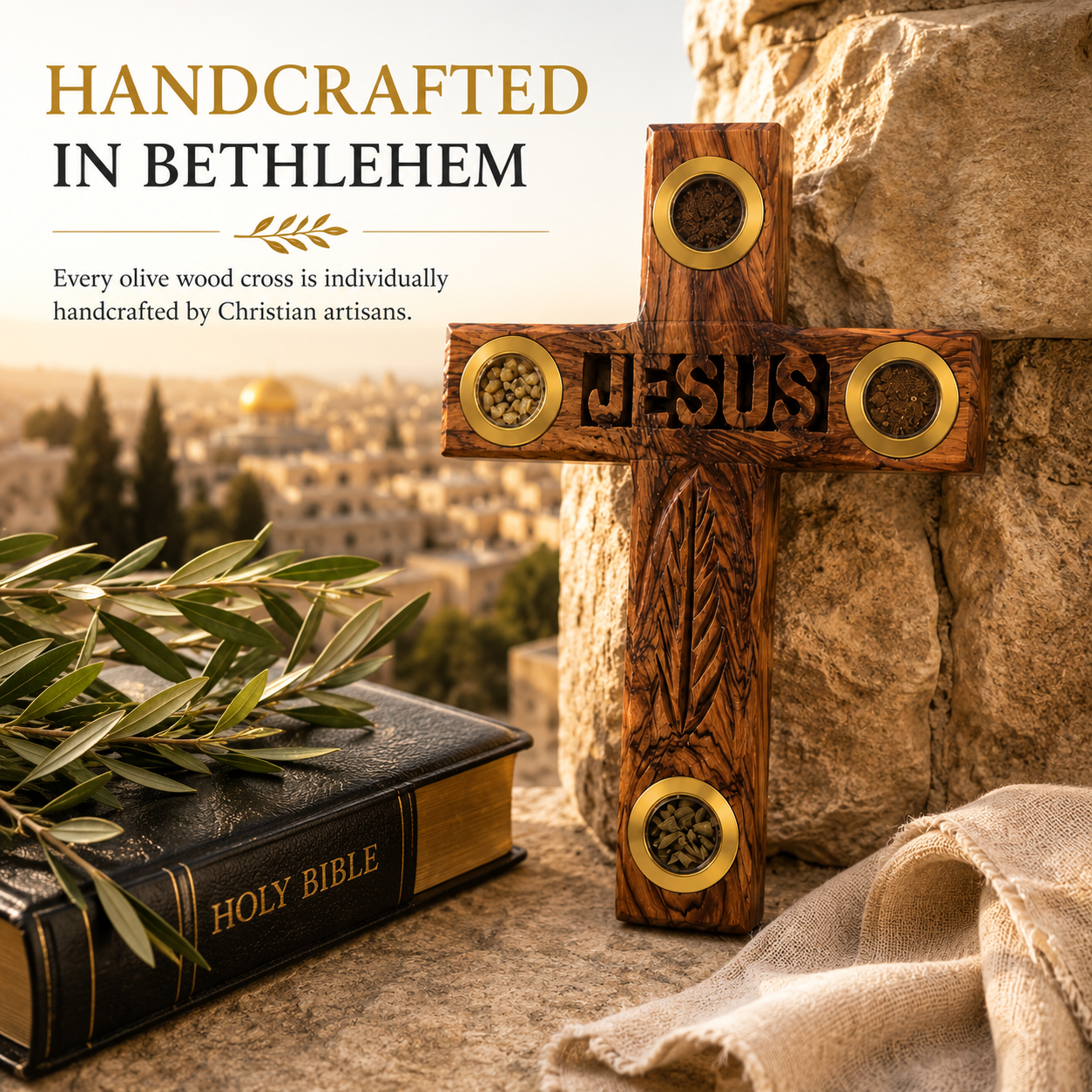 Olive Wood Cross with 4 Holy Items – 6" Bethlehem Wall Cross with Holy Incense, Bethlehem Soil, Olive Leaves & Dried Flowers – Christian Holy Land Cross - Image 3