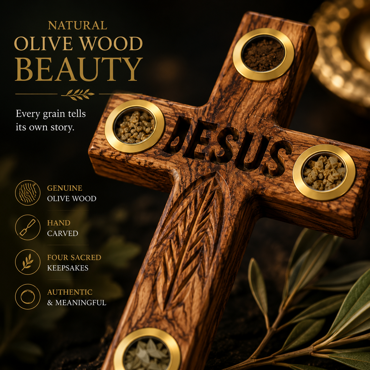 Olive Wood Cross with 4 Holy Items – 6" Bethlehem Wall Cross with Holy Incense, Bethlehem Soil, Olive Leaves & Dried Flowers – Christian Holy Land Cross - Image 4