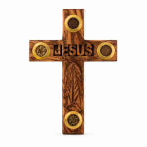 Handcrafted Olive Wood Cross from Bethlehem featuring four Holy Land capsules containing holy incense, Bethlehem soil, dried flowers, and olive leaves, measuring 6 x 4 inches.