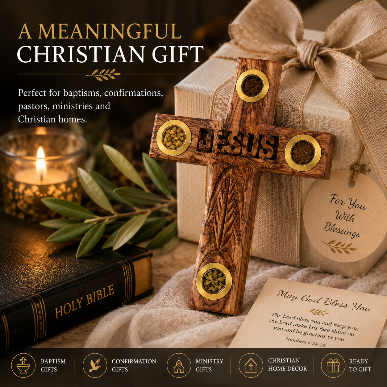Olive Wood Cross with 4 Holy Items – 6" Bethlehem Wall Cross with Holy Incense, Bethlehem Soil, Olive Leaves & Dried Flowers – Christian Holy Land Cross - Image 5