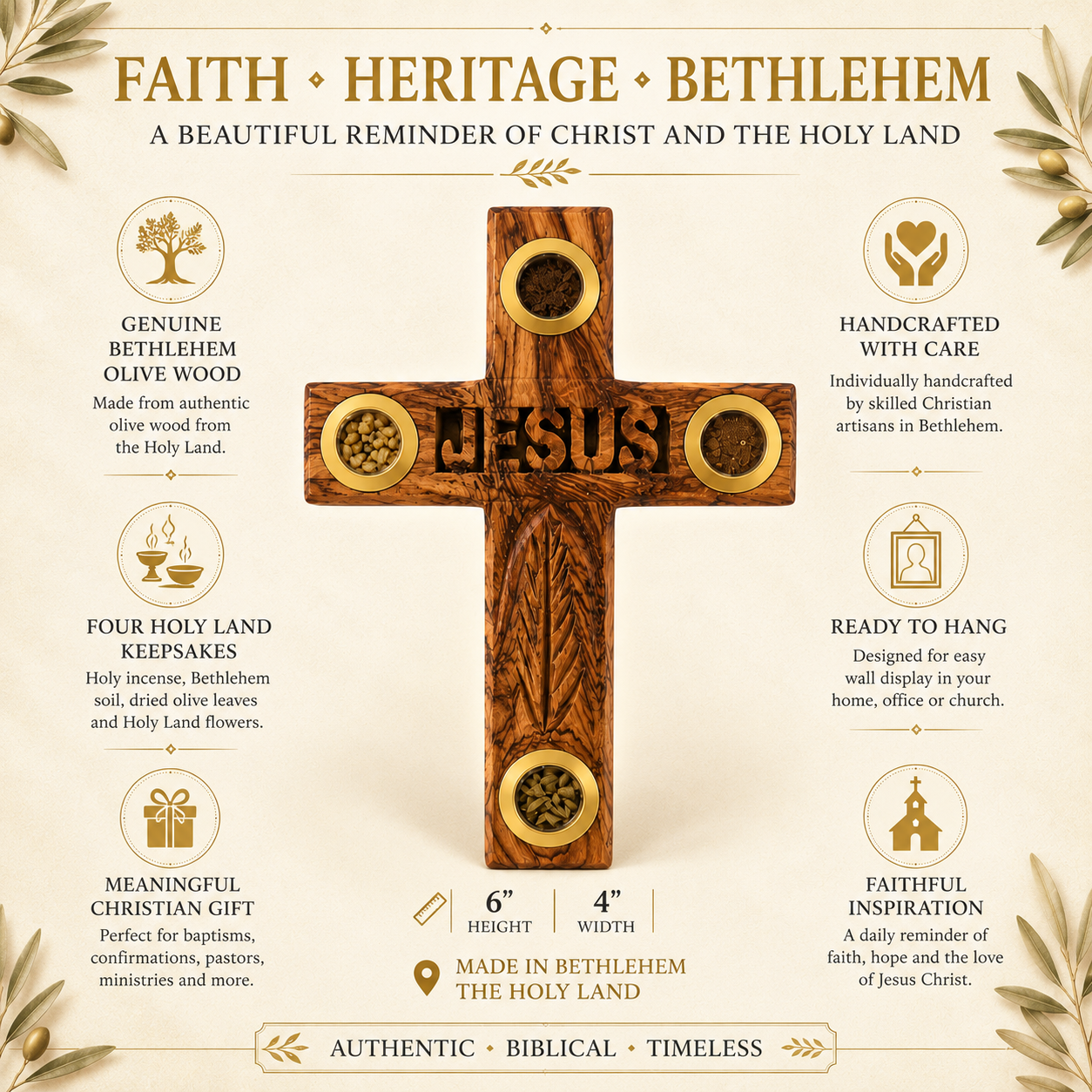 Olive Wood Cross with 4 Holy Items – 6" Bethlehem Wall Cross with Holy Incense, Bethlehem Soil, Olive Leaves & Dried Flowers – Christian Holy Land Cross - Image 6