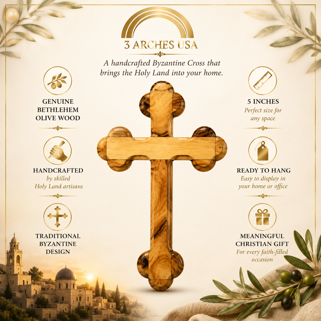 Olive Wood Byzantine Cross – Handcrafted 5" Bethlehem Christian Wall Cross – Wooden Holy Land Cross for Home, Prayer & Christian Gifts - Image 6