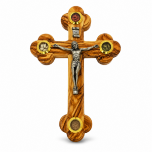 Handcrafted Olive Wood Byzantine Cross with Crucifix from Bethlehem featuring holy incense, Bethlehem soil, Jerusalem stone, and dried olive leaves. Available in 5, 7, 9, and 11 inch sizes for Christian home décor and prayer.