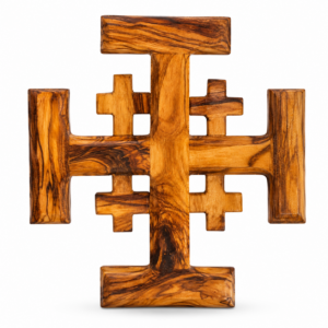 Handcrafted Olive Wood Jerusalem Cross made from genuine Bethlehem olive wood, measuring 9 x 9 inches, symbolizing the Five Wounds of Christ and the Four Evangelists for Christian home décor and prayer.