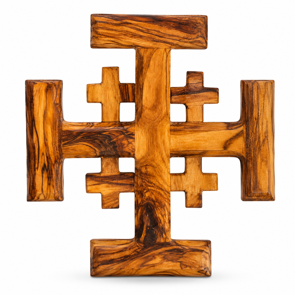 Handcrafted Olive Wood Jerusalem Cross made from genuine Bethlehem olive wood, measuring 9 x 9 inches, symbolizing the Five Wounds of Christ and the Four Evangelists for Christian home décor and prayer.