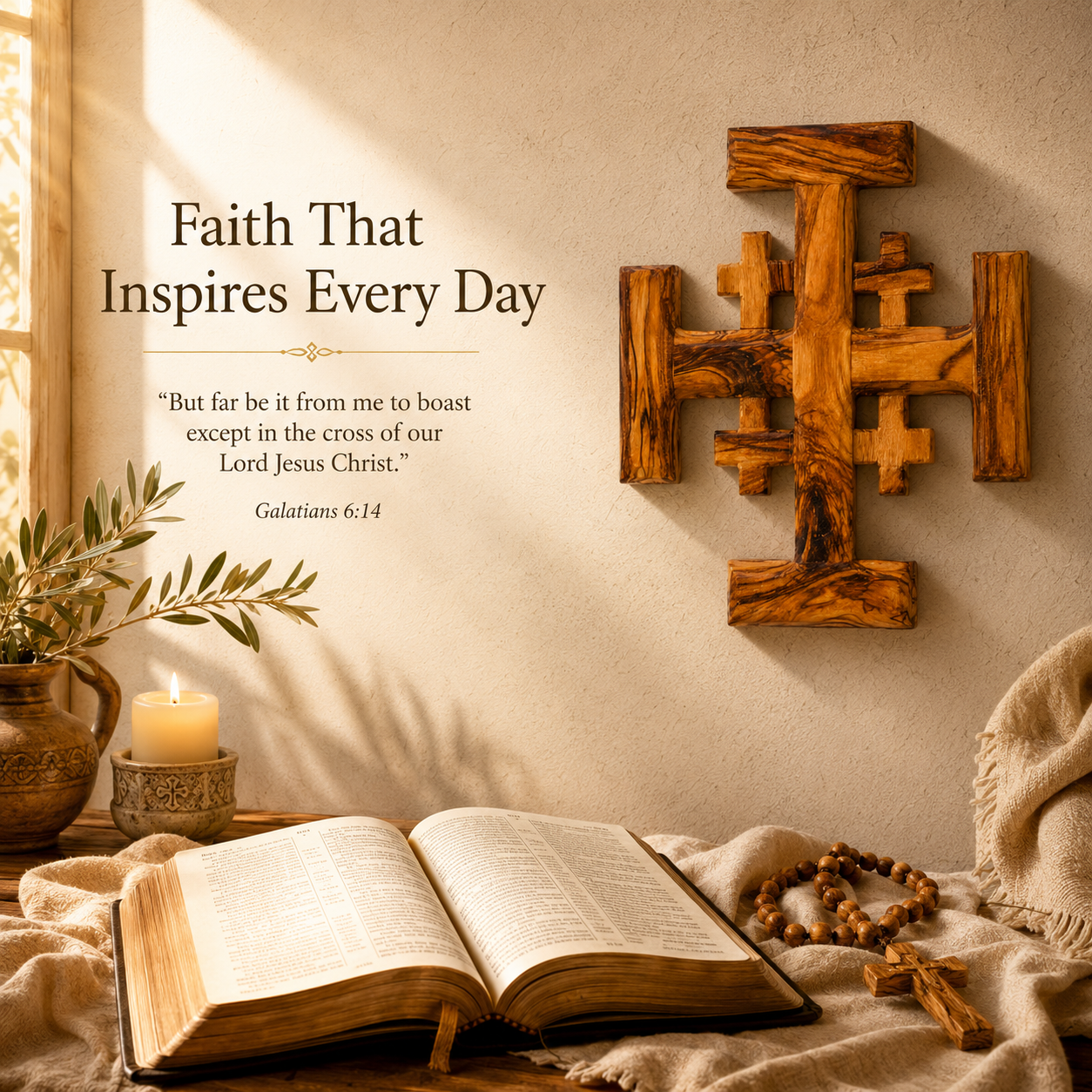 Olive Wood Jerusalem Cross – Handcrafted 9" x 9" Bethlehem Wall Cross, Holy Land Christian Home Décor & Faith Gift - Image 3