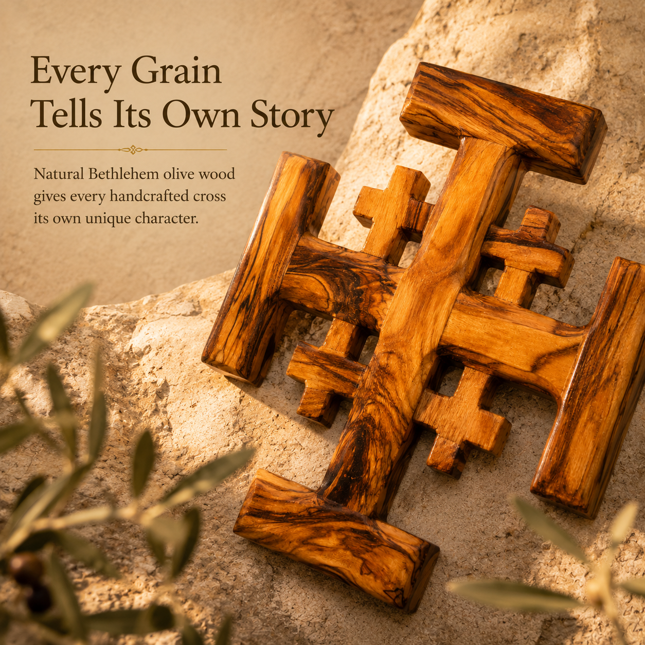 Olive Wood Jerusalem Cross – Handcrafted 9" x 9" Bethlehem Wall Cross, Holy Land Christian Home Décor & Faith Gift - Image 4