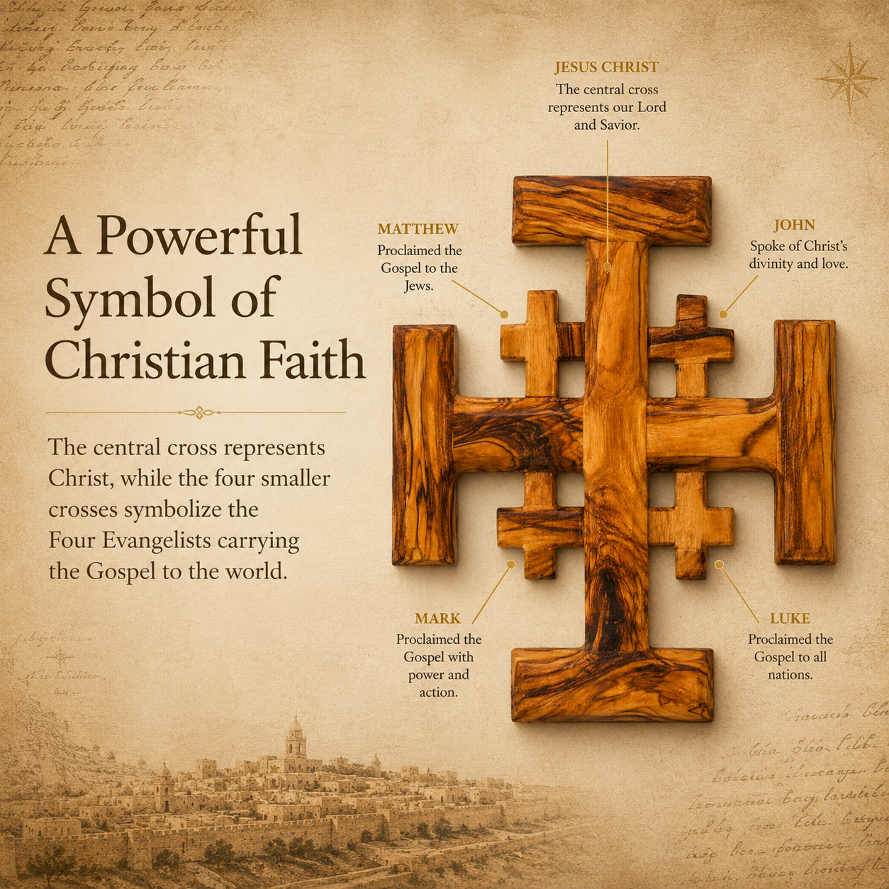 Olive Wood Jerusalem Cross – Handcrafted 9" x 9" Bethlehem Wall Cross, Holy Land Christian Home Décor & Faith Gift - Image 5