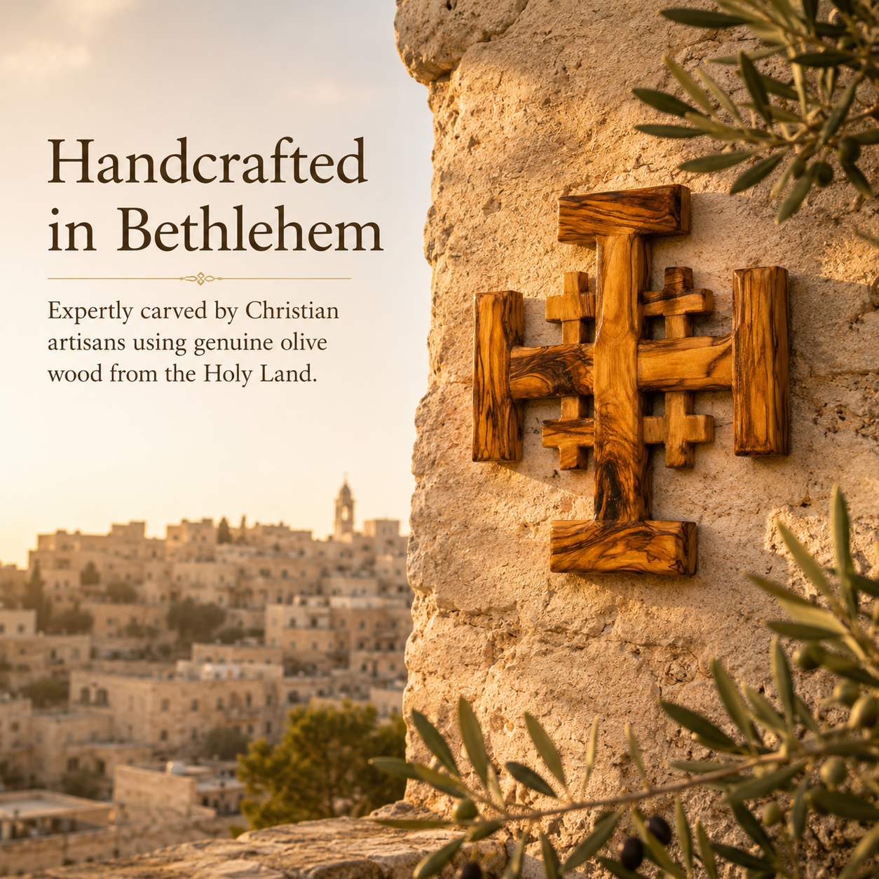 Olive Wood Jerusalem Cross – Handcrafted 9" x 9" Bethlehem Wall Cross, Holy Land Christian Home Décor & Faith Gift - Image 6