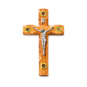 Handcrafted Olive Wood Latin Cross with Crucifix made from genuine Bethlehem olive wood featuring holy incense, Bethlehem soil, Jerusalem stone, and dried olive leaves. Available in 5, 7, 8, and 10 inch sizes for Christian home décor and prayer.