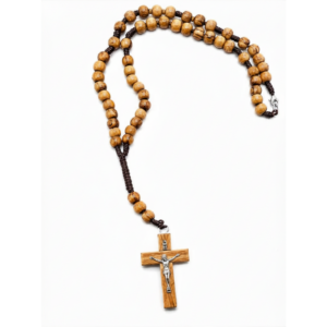 Authentic olive wood rosary prayer necklace with genuine olive wood beads, metal crucifix, and Jerusalem inscription on the back of the cross.