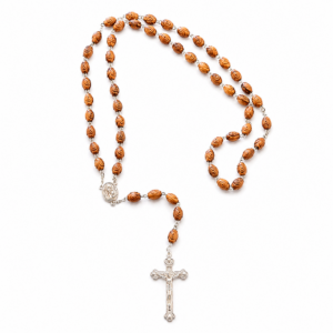 Handcrafted olive wood rosary prayer necklace with decorative medium beads, metal crucifix, and authentic Jerusalem soil from the Holy Land.