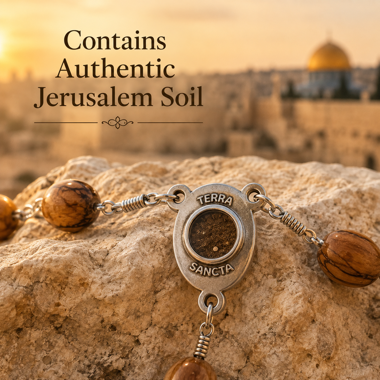 3 Arches USA Authentic Olive Wood Rosary Prayer Necklace with Crucifix, Jerusalem Cross & Jerusalem Soil - Image 4