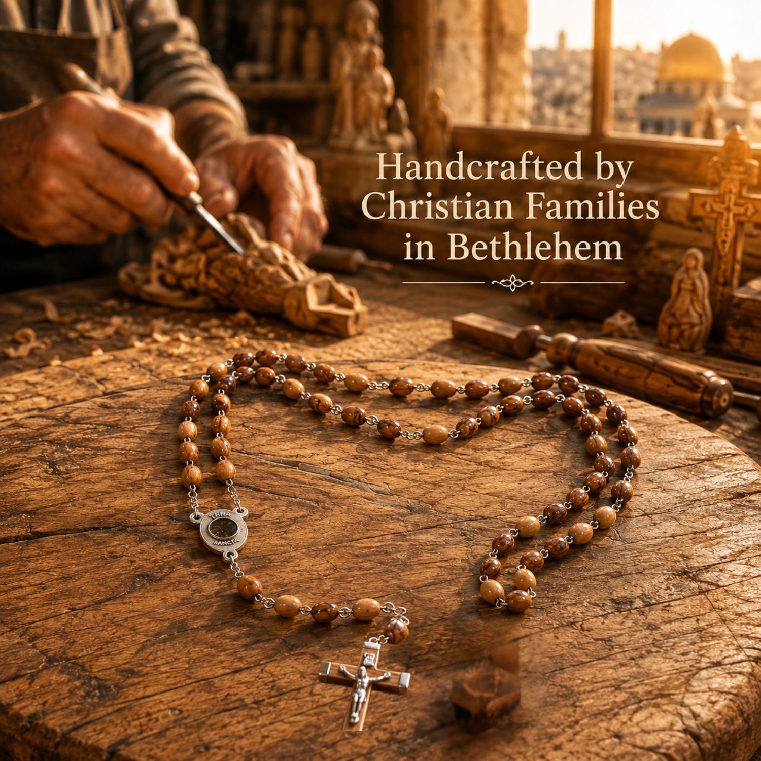 3 Arches USA Authentic Olive Wood Rosary Prayer Necklace with Crucifix, Jerusalem Cross & Jerusalem Soil - Image 6